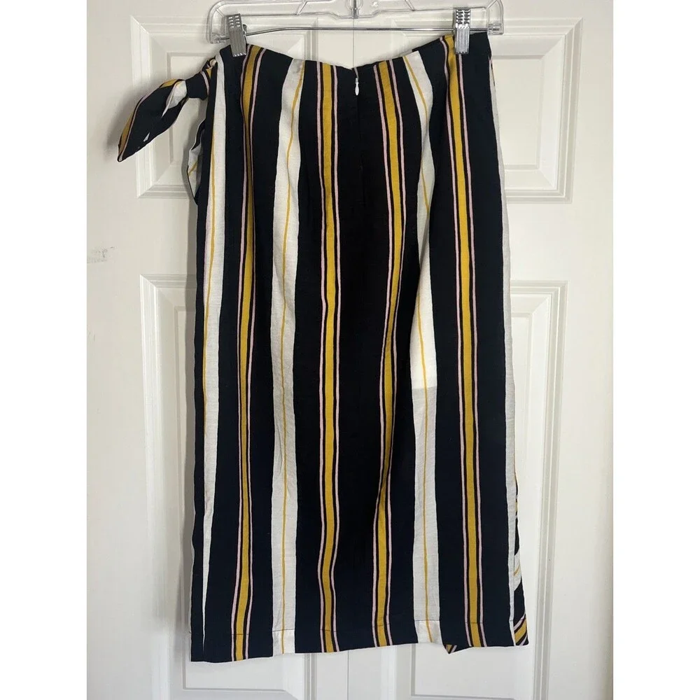 Banana Republic Womens Size 4 Striped Navy White Gold Faux-Wrap Tie Midi Skirt - Picture 3 of 11
